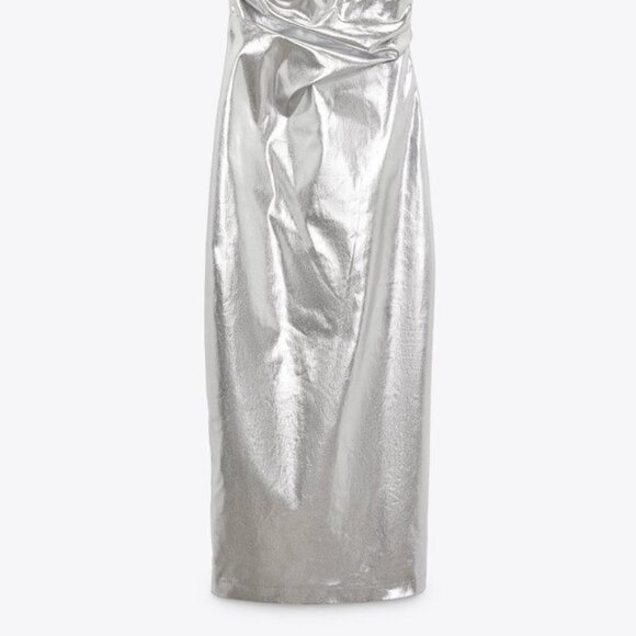 NEW Zara Women's METALLIC STRAPLESS LONG DRESS Silver - Picture 4 of 14